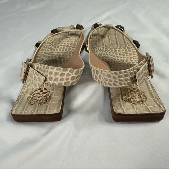 NWOB Vince Camuto Size 8 White Reptile Dailette Thong Sandal Studded Ankle Strap