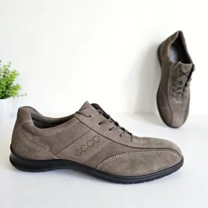 NWOT Ecco Womens Size 38 Taupe Suede Leather Academia Lace Up Comfort Flat Shoes