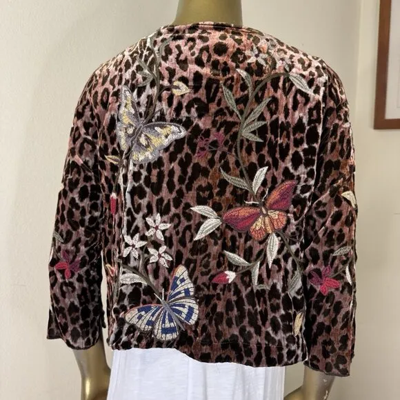 NWOT Johnny Was Penelope Leopard Velvet Butterfly Embroidered Bolero Jacket XS