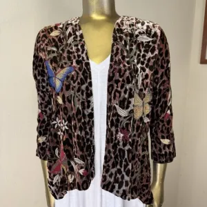 NWOT Johnny Was Penelope Leopard Velvet Butterfly Embroidered Bolero Jacket XS