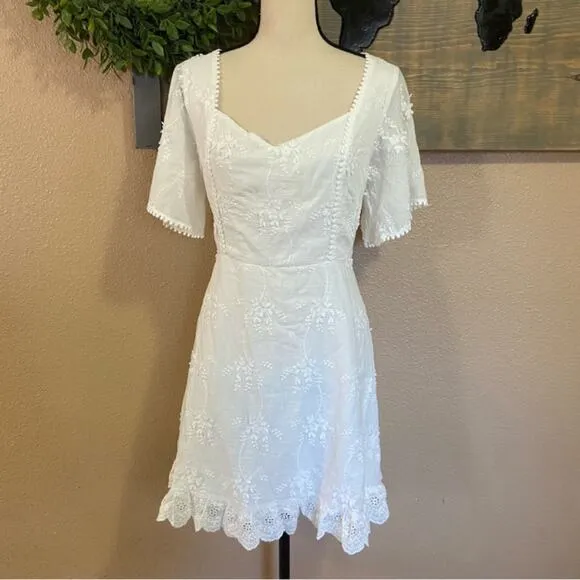 NWOT Lulus Morning in Mallorca White Cotton Eyelet Short Sleeve Mini Dress