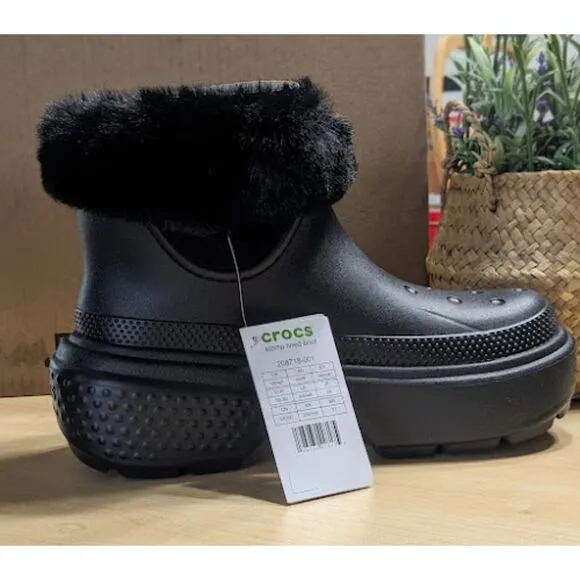 NWT CROCS Stomp Black Faux Fur Lined Boots Women's Size 8 UK Size 6