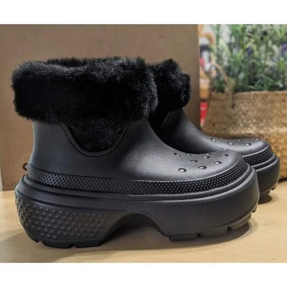 NWT CROCS Stomp Black Faux Fur Lined Boots Women's Size 8 UK Size 6