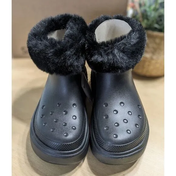 NWT CROCS Stomp Black Faux Fur Lined Boots Women's Size 8 UK Size 6