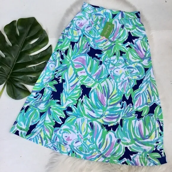 NWT Lilly Pulitzer Shia Skirt Resort Navy Uptown Trunk Palm Print Midi XS