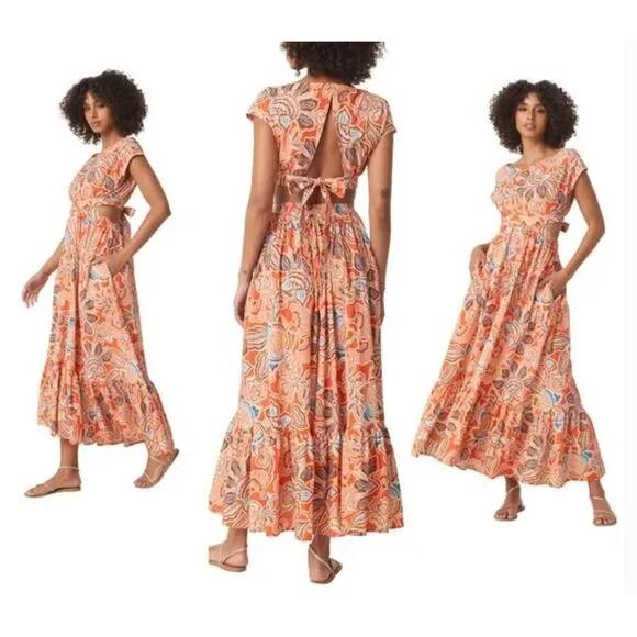 NWT MISA Los Angeles Dana Mae Dress In Tangerine Flora Side Cut-Out Women's XS