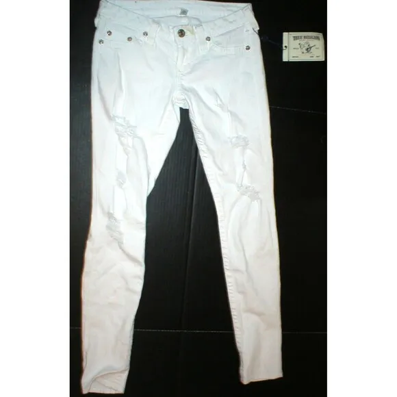 NWT New Womens True Religion Destroyed Jeans Skinny White Mid Designer Patch 28