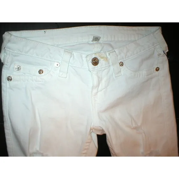 NWT New Womens True Religion Destroyed Jeans Skinny White Mid Designer Patch 28