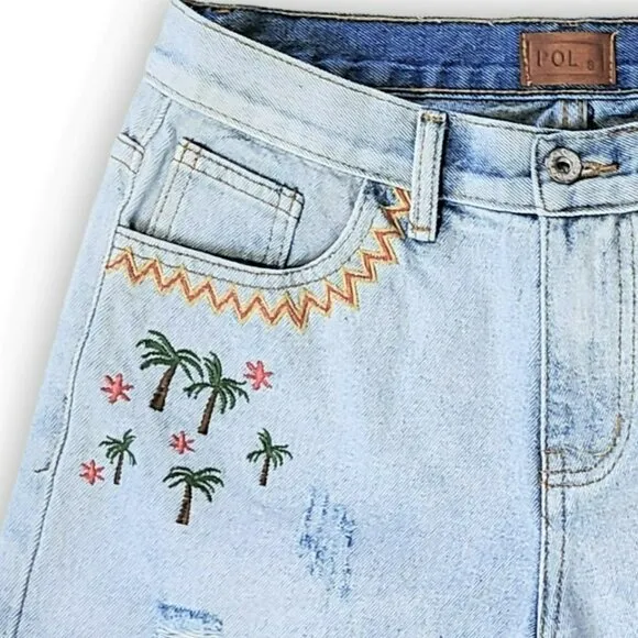 NWT POL High Rise Embroidered Distressed Fringed Rae Hem Denim Shorts