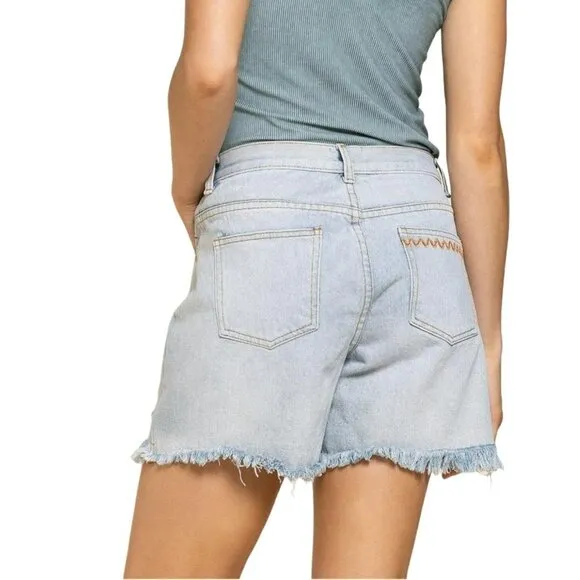NWT POL High Rise Embroidered Distressed Fringed Rae Hem Denim Shorts