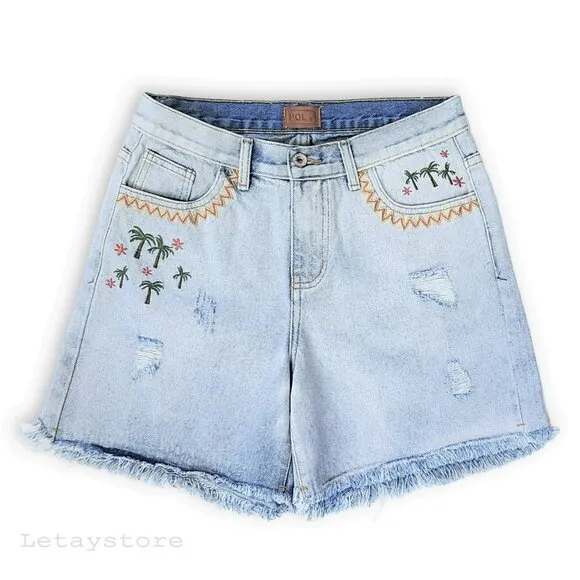 NWT POL High Rise Embroidered Distressed Fringed Rae Hem Denim Shorts