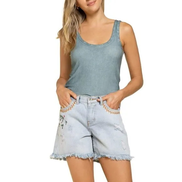 NWT POL High Rise Embroidered Distressed Fringed Rae Hem Denim Shorts