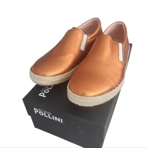 NWT Studio Pollini Espadrilles Metallic Orange Leather