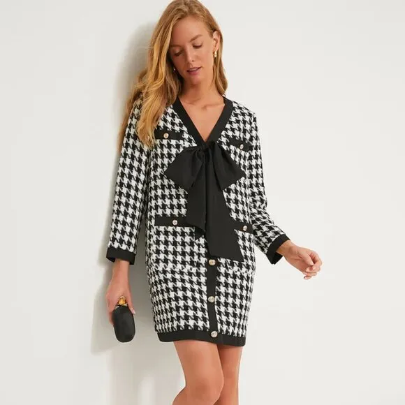 NWT Tuckernuck Pomander Place Coco Tweed Bow Black White Houndstooth Dress L