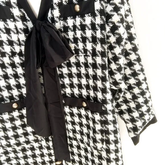 NWT Tuckernuck Pomander Place Coco Tweed Bow Black White Houndstooth Dress L