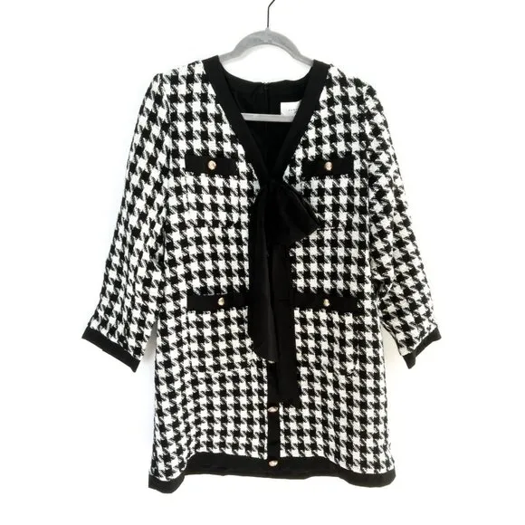 NWT Tuckernuck Pomander Place Coco Tweed Bow Black White Houndstooth Dress L