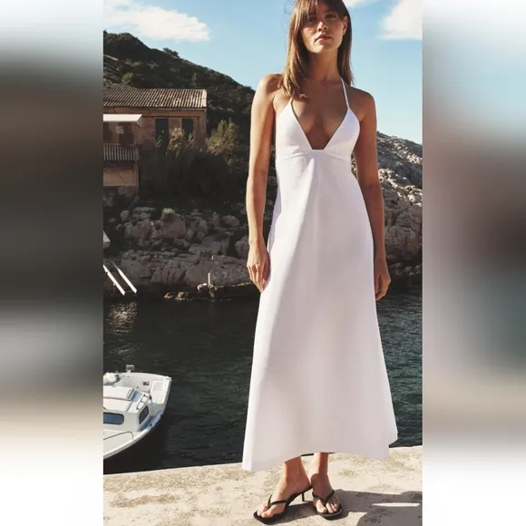NWT Zara - Cotton White Open Back Spaghetti Strap Midi Dress