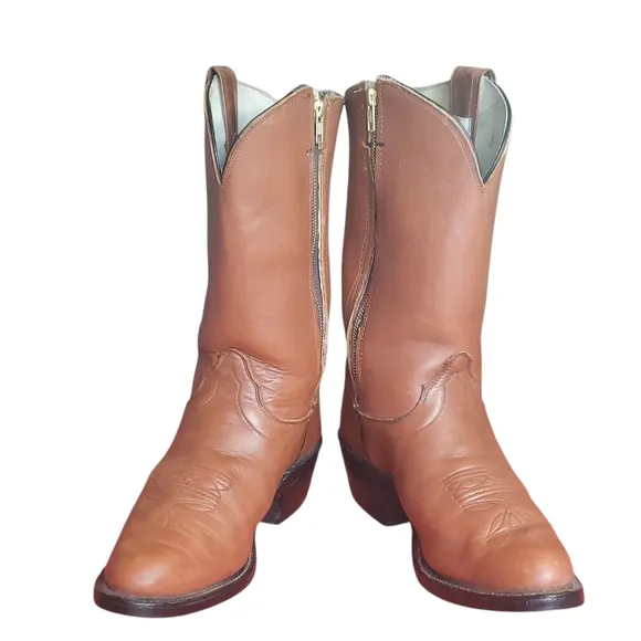 Olathe Boot Company Vintage Tan Cowboy Boots with Almond Toe and Stacked Heel