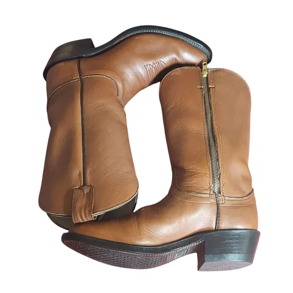 Olathe Boot Company Vintage Tan Cowboy Boots with Almond Toe and Stacked Heel