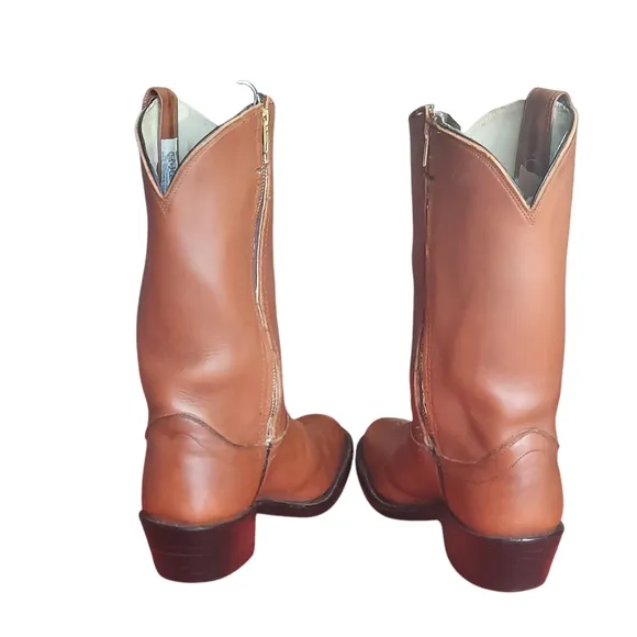 Olathe Boot Company Vintage Tan Cowboy Boots with Almond Toe and Stacked Heel