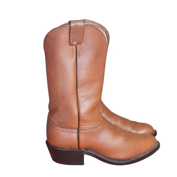 Olathe Boot Company Vintage Tan Cowboy Boots with Almond Toe and Stacked Heel