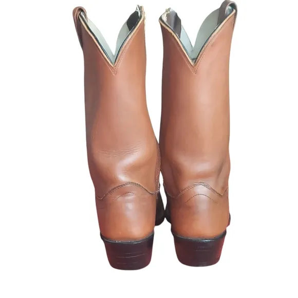 Olathe Boot Company Vintage Tan Cowboy Boots with Almond Toe and Stacked Heel