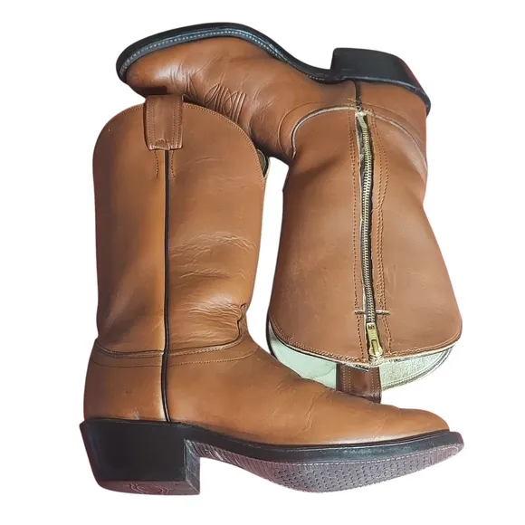 Olathe Boot Company Vintage Tan Cowboy Boots with Almond Toe and Stacked Heel