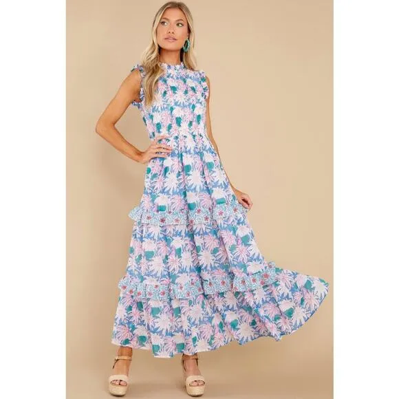 OLIPHANT Tuckernuck Cayman Blue Palm Block Print Sleeveless Smocked Maxi Dress M