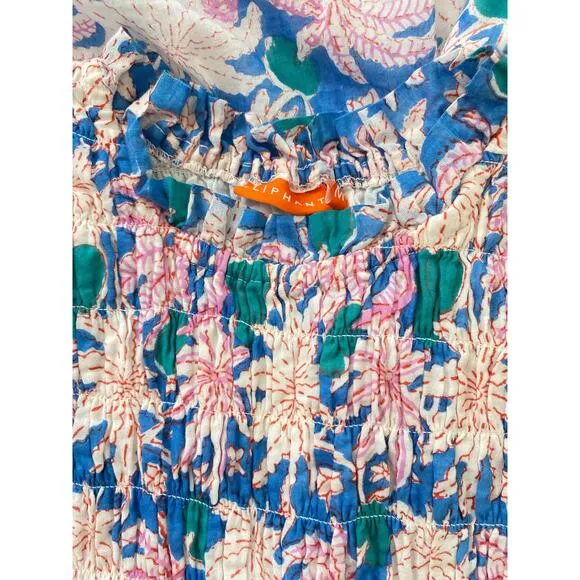 OLIPHANT Tuckernuck Cayman Blue Palm Block Print Sleeveless Smocked Maxi Dress M