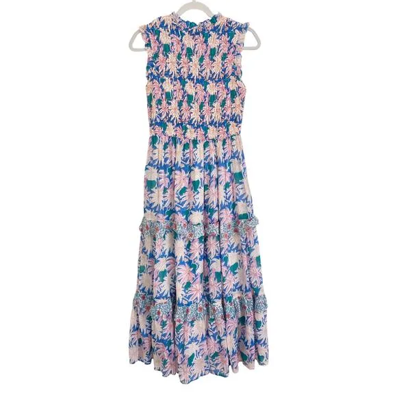 OLIPHANT Tuckernuck Cayman Blue Palm Block Print Sleeveless Smocked Maxi Dress M