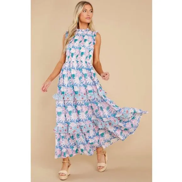 OLIPHANT Tuckernuck Cayman Blue Palm Block Print Sleeveless Smocked Maxi Dress M