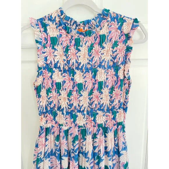 OLIPHANT Tuckernuck Cayman Blue Palm Block Print Sleeveless Smocked Maxi Dress M