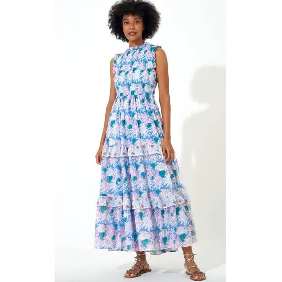OLIPHANT Tuckernuck Cayman Blue Palm Block Print Sleeveless Smocked Maxi Dress M