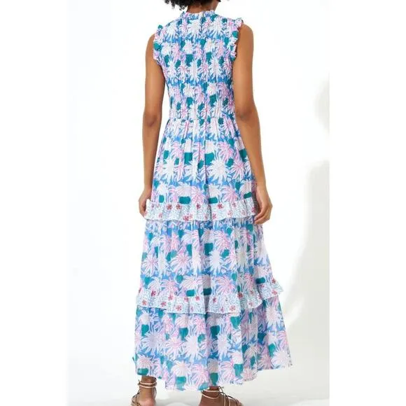 OLIPHANT Tuckernuck Cayman Blue Palm Block Print Sleeveless Smocked Maxi Dress M