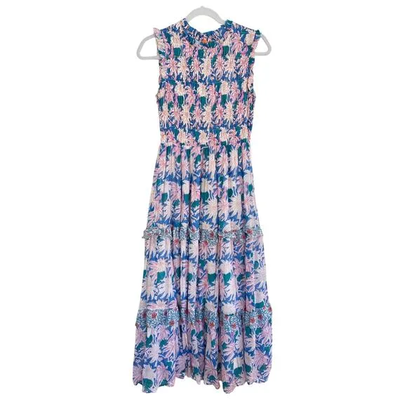 OLIPHANT Tuckernuck Cayman Blue Palm Block Print Sleeveless Smocked Maxi Dress M
