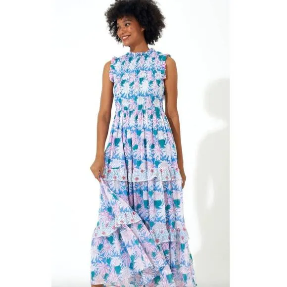 OLIPHANT Tuckernuck Cayman Blue Palm Block Print Sleeveless Smocked Maxi Dress M