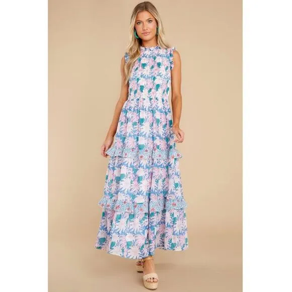 OLIPHANT Tuckernuck Cayman Blue Palm Block Print Sleeveless Smocked Maxi Dress M