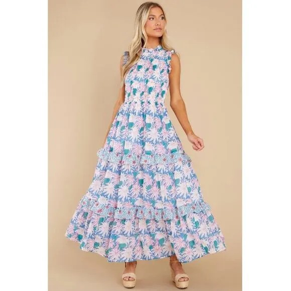 OLIPHANT Tuckernuck Cayman Blue Palm Block Print Sleeveless Smocked Maxi Dress M