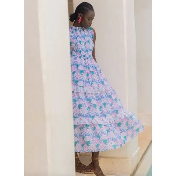 OLIPHANT Tuckernuck Cayman Blue Palm Block Print Sleeveless Smocked Maxi Dress M