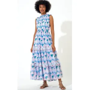OLIPHANT Tuckernuck Cayman Blue Palm Block Print Sleeveless Smocked Maxi Dress M
