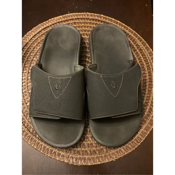 Olukai Men's Nalu Slide Sandals Slip On Adjustable Black Casual Comfort Size 10