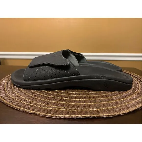 Olukai Men's Nalu Slide Sandals Slip On Adjustable Black Casual Comfort Size 10