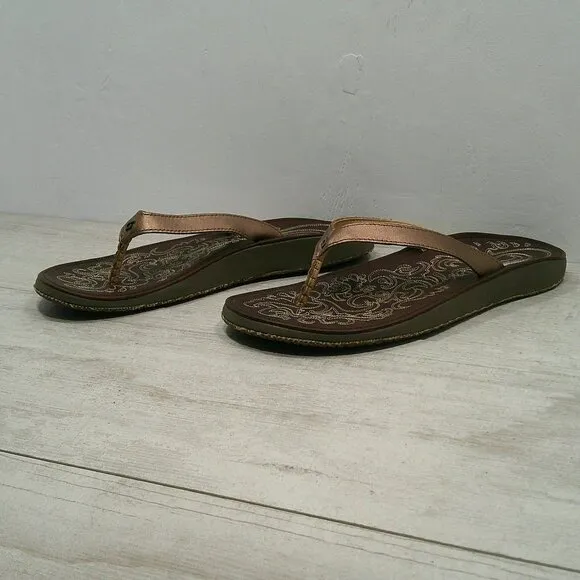 OluKai Womans Paniolo Leather Metallic Bronze Comfort Flip Flop Size 11
