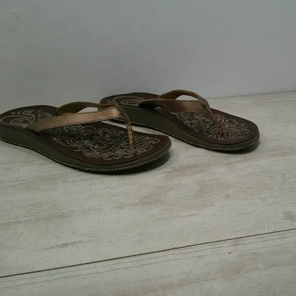 OluKai Womans Paniolo Leather Metallic Bronze Comfort Flip Flop Size 11