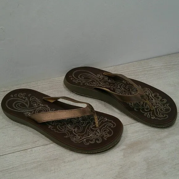 OluKai Womans Paniolo Leather Metallic Bronze Comfort Flip Flop Size 11