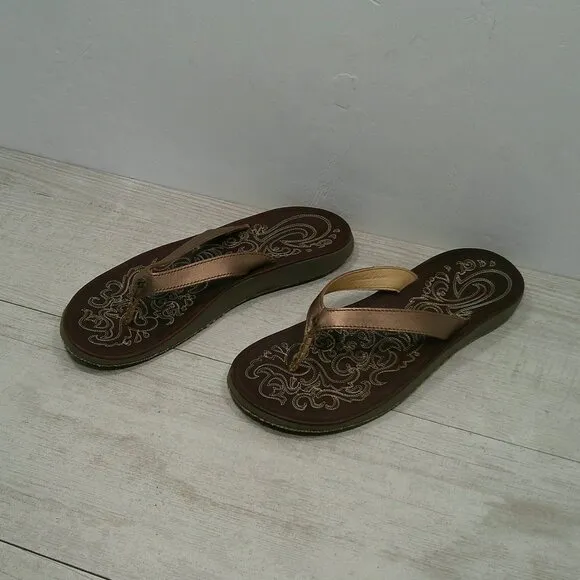 OluKai Womans Paniolo Leather Metallic Bronze Comfort Flip Flop Size 11