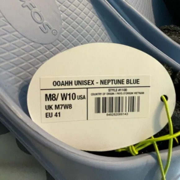 OOFOS OOahh Slide Sandal Neptune Blue Recovery Slip-On Comfort M8/W10