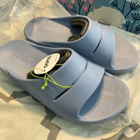 OOFOS OOahh Slide Sandal Neptune Blue Recovery Slip-On Comfort M8/W10