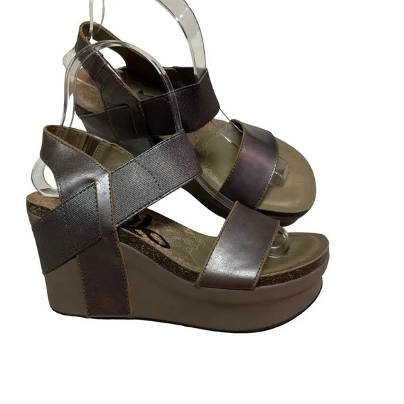 OTBT Bushnell Sandals Womens US 6.5M Pewter Leather Wedge Ankle Strap Slip On