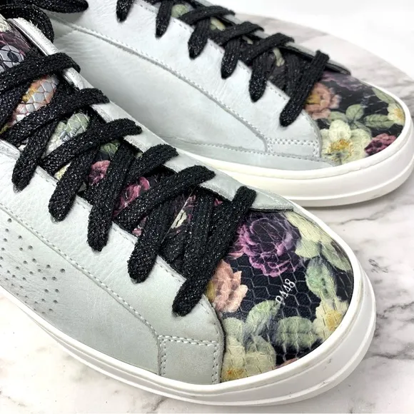 P448 John Black Floral Leather Low Top Sneakers 40/9-10 Casual Preppy Athleisure